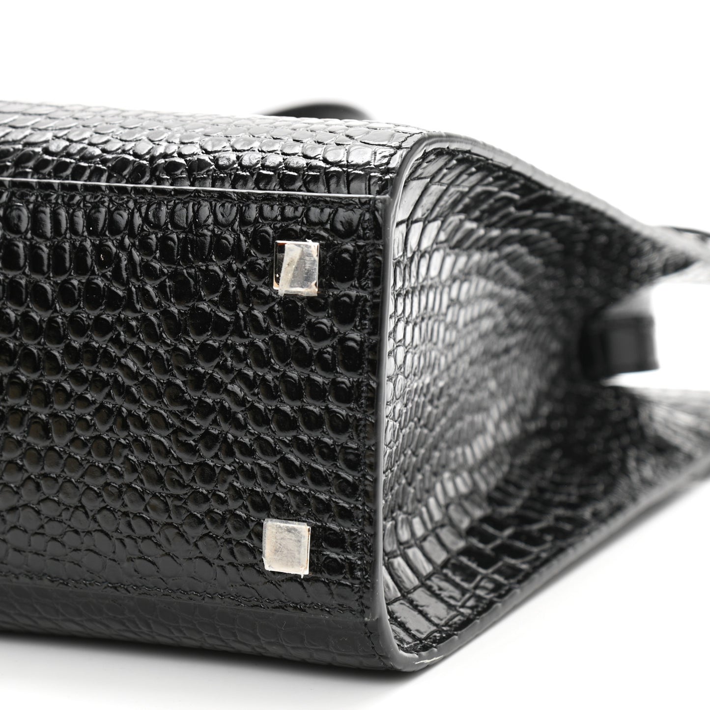 Shiny Calfskin Crocodile Embossed Small Manhattan Shopper Tote Black