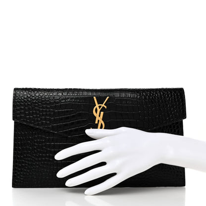 Saint Laurent Calfskin Crocodile Embossed Uptown Monogram Pouch Black 2 of 7