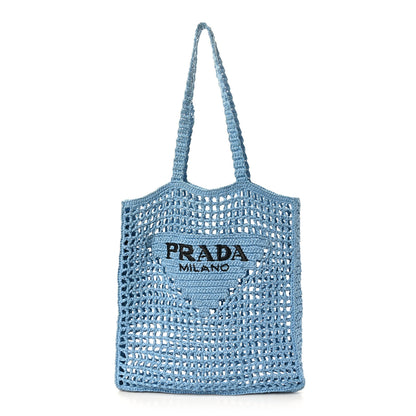 Prada Yarn Raffia Effect Crochet Logo Embroidered Tote Bag Celeste 1 of 8