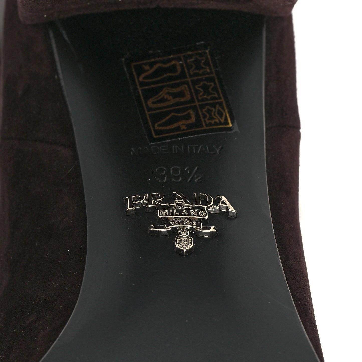 Suede Metal Triangle Logo Block Heel 65mm Knee Boots 39.5 Brown