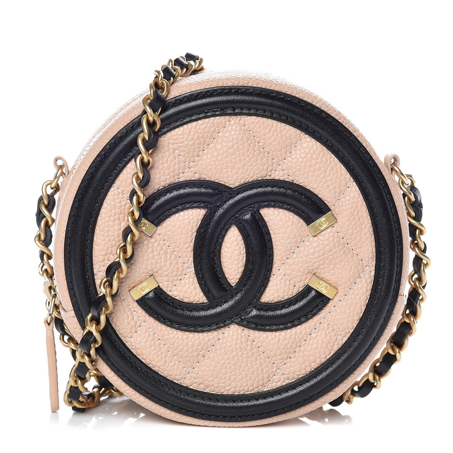 Caviar Quilted Round Filigree Crossbody Beige Black