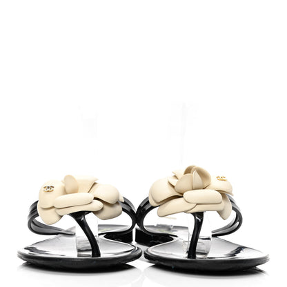 Chanel Jelly Camellia Thong Sandals 38 Black Ivory 2 of 5