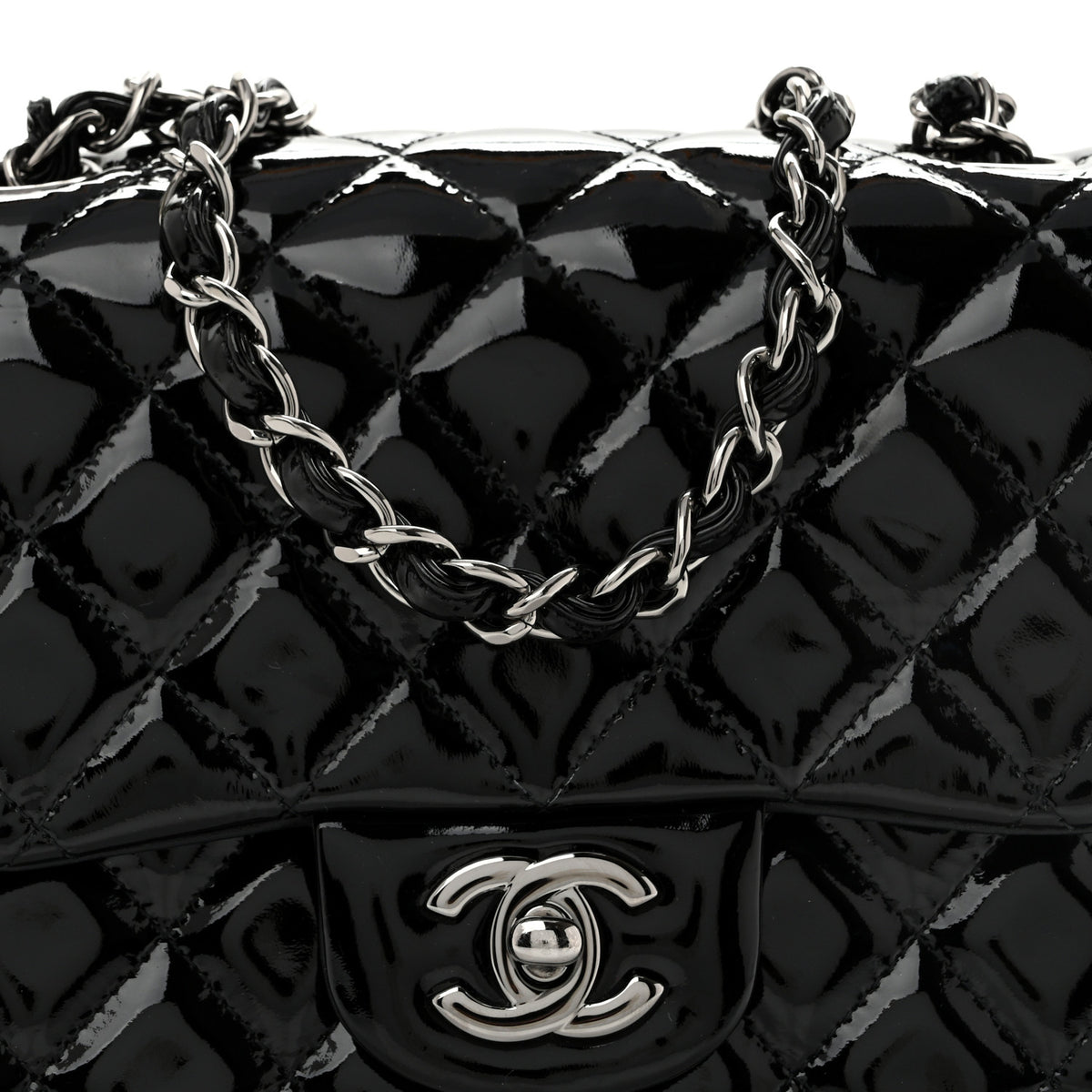 Patent Calfskin Quilted Mini Square Flap Black