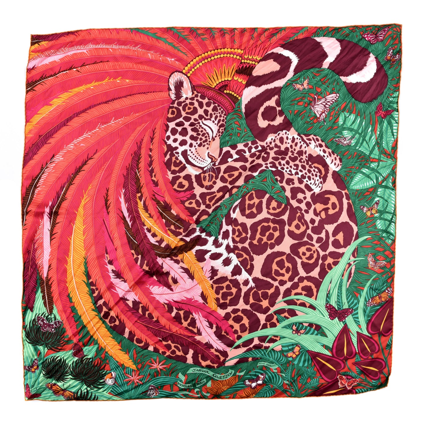 Silk Jaguar Quetzal Scarf 90 Fuchsia Vert Bordeaux