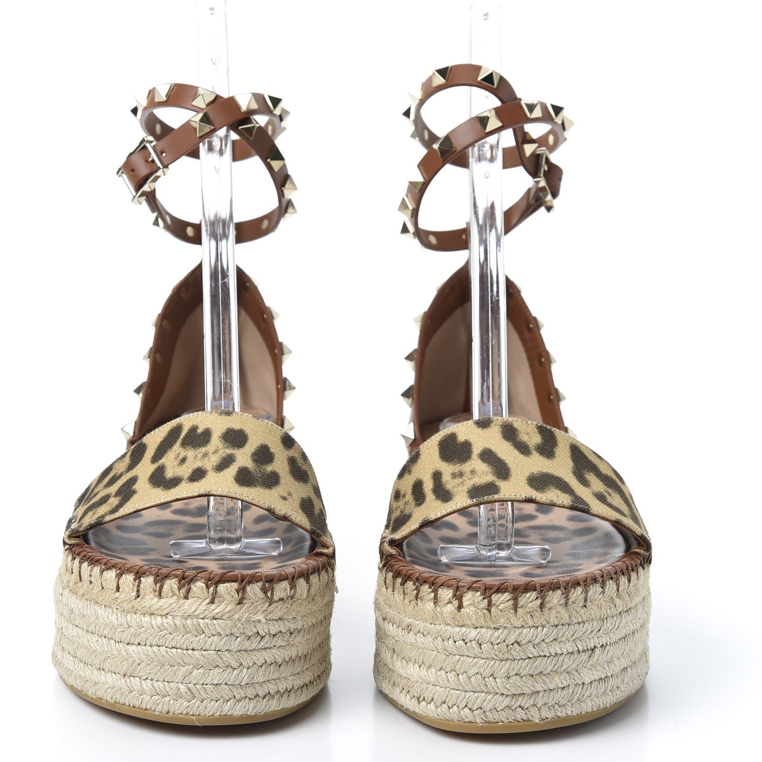 Valentino Garavani Canvas Leopard Print Rockstud Ankle Wrap Espadrille Flatform Sandals 39 Brown 2 of 10