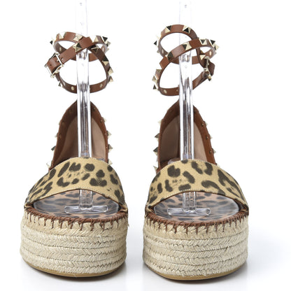 Valentino Garavani Canvas Leopard Print Rockstud Ankle Wrap Espadrille Flatform Sandals 39 Brown 2 of 10