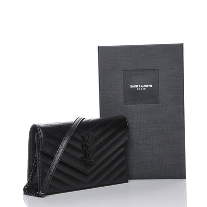Saint Laurent Grain De Poudre Matelasse Chevron Monogram Envelope Chain Wallet Black 8 of 8