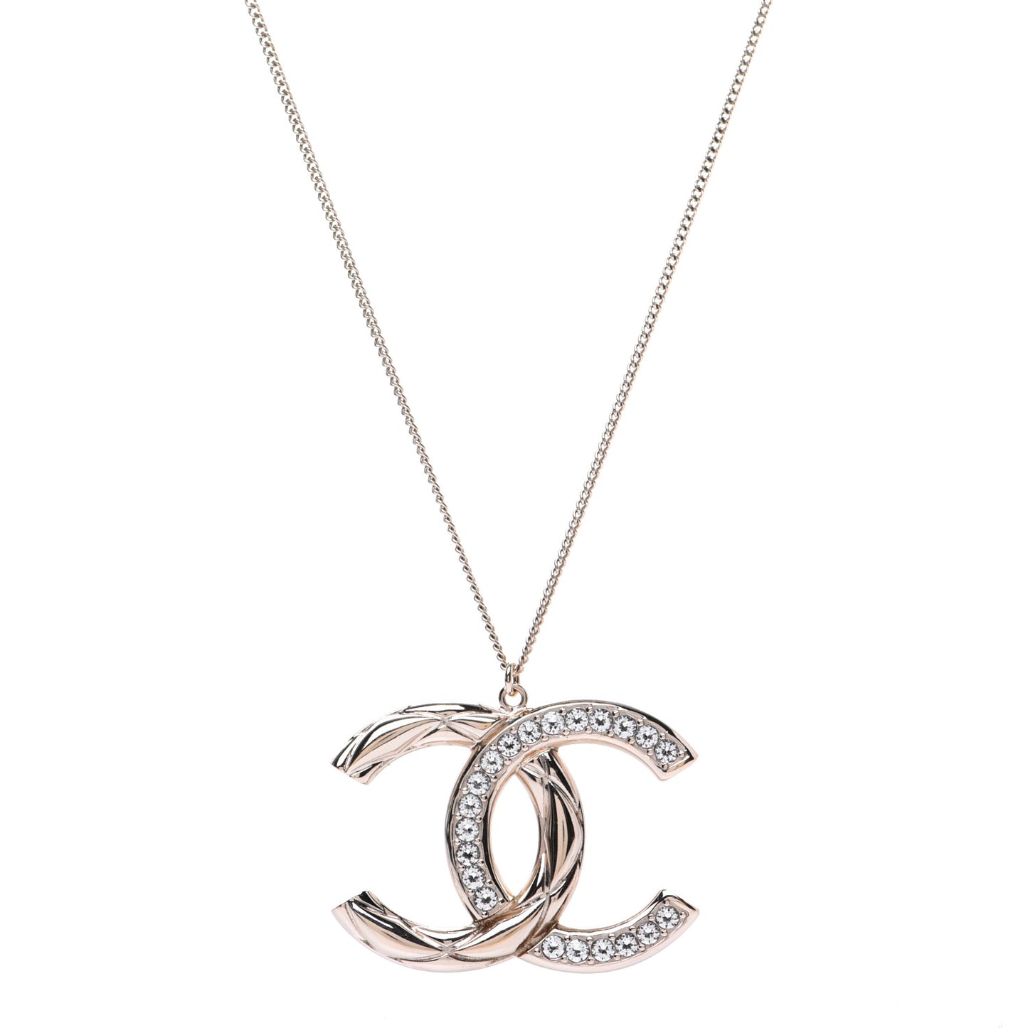 Crystal Metal Quilted CC Pendant Necklace Gold