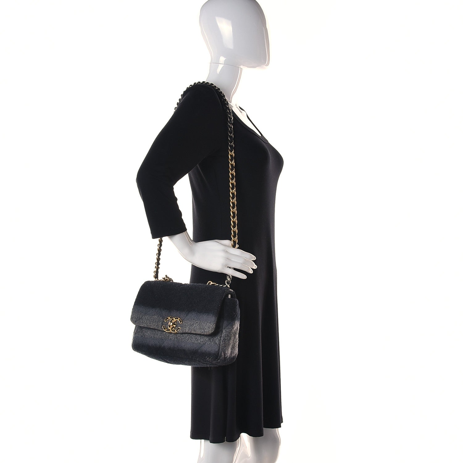 Chanel Wool Quilted Medium Chanel 19 Flap Black Grey 2 of 10