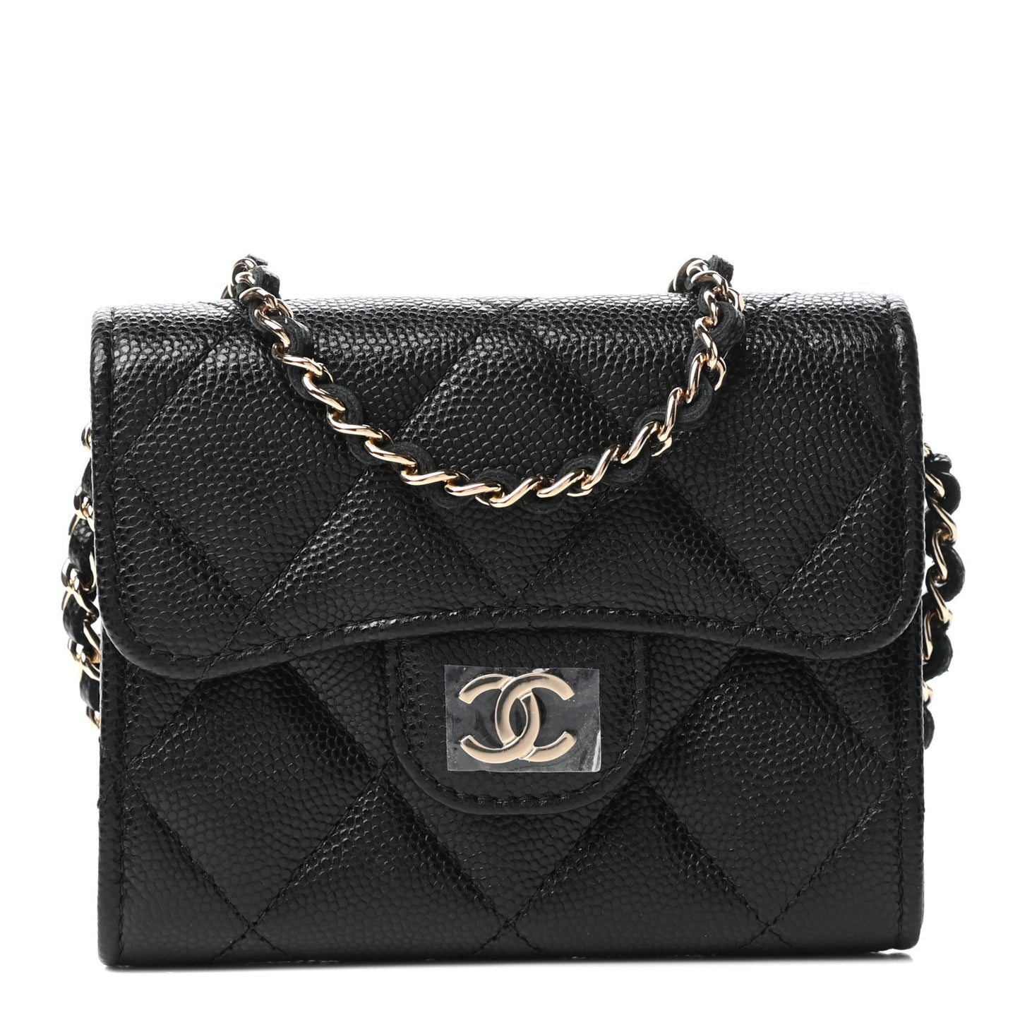 Caviar Quilted Flap Card Holder On Chain Black