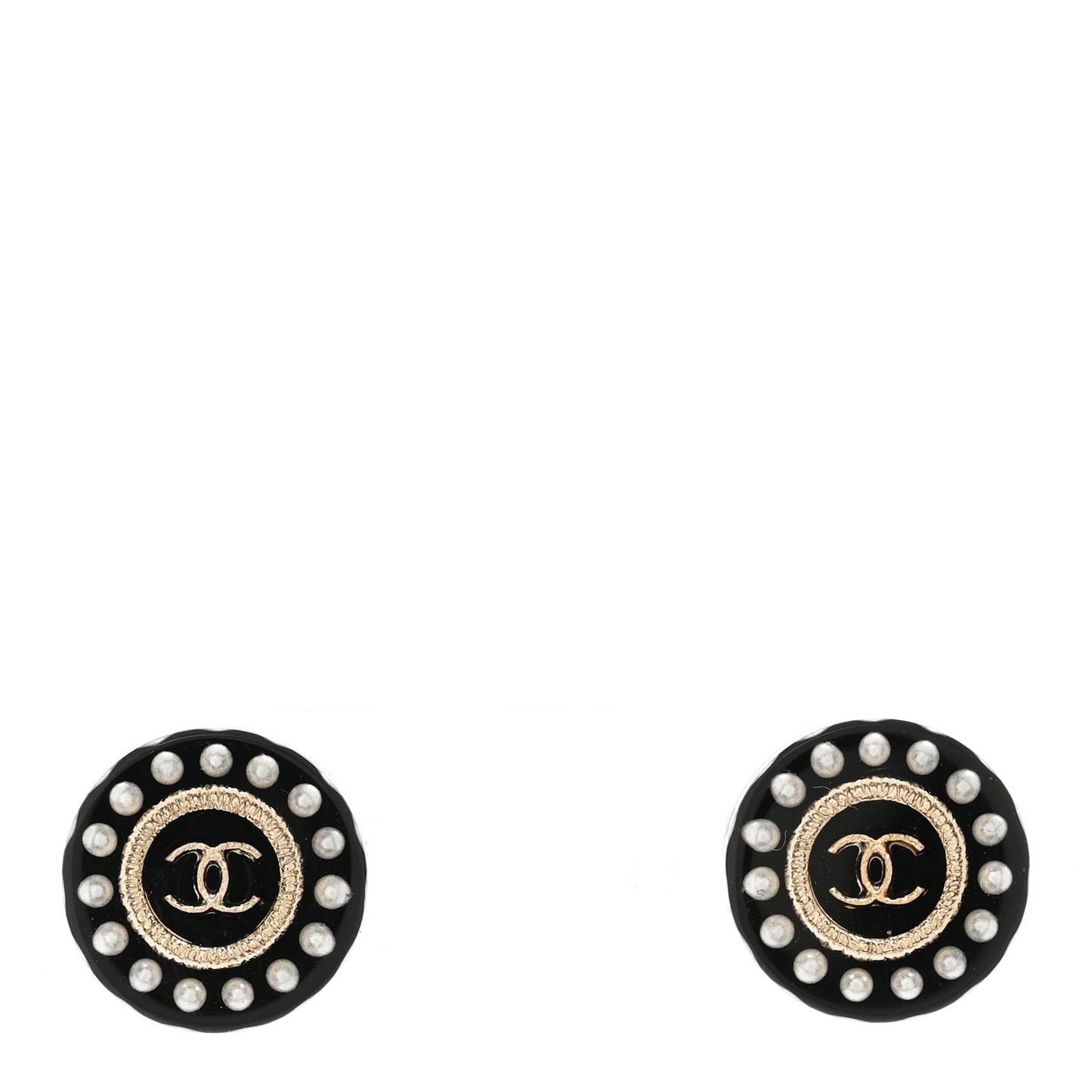 Resin Pearl CC Round Earrings Black Gold