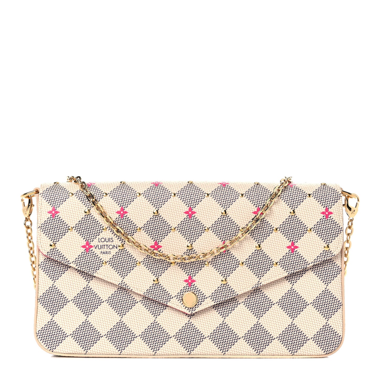 Damier Azur Studded Pochette Felicie Chain Wallet Fuchsia
