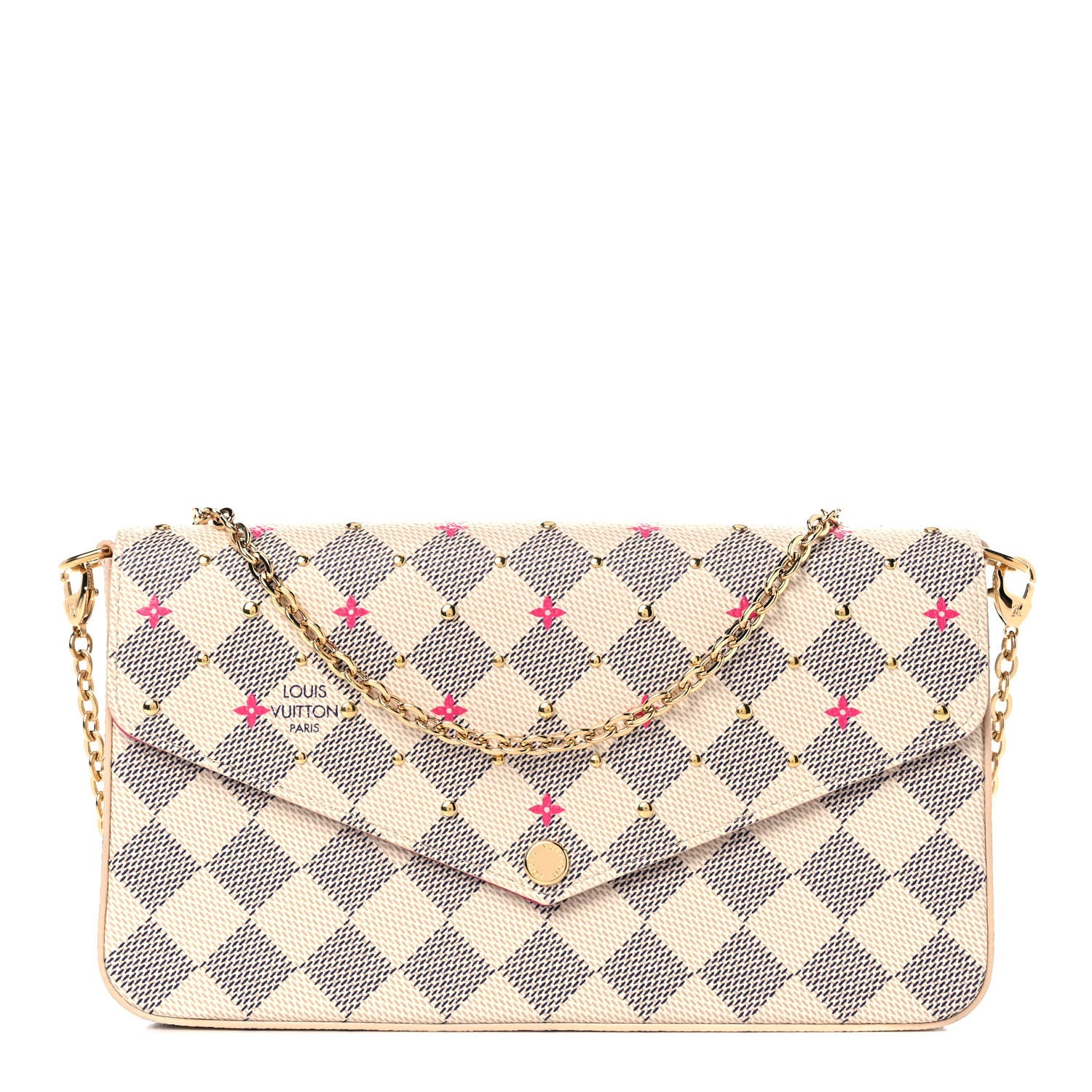 Louis Vuitton Damier Azur Studded Pochette Felicie Chain Wallet Fuchsia 1 of 9
