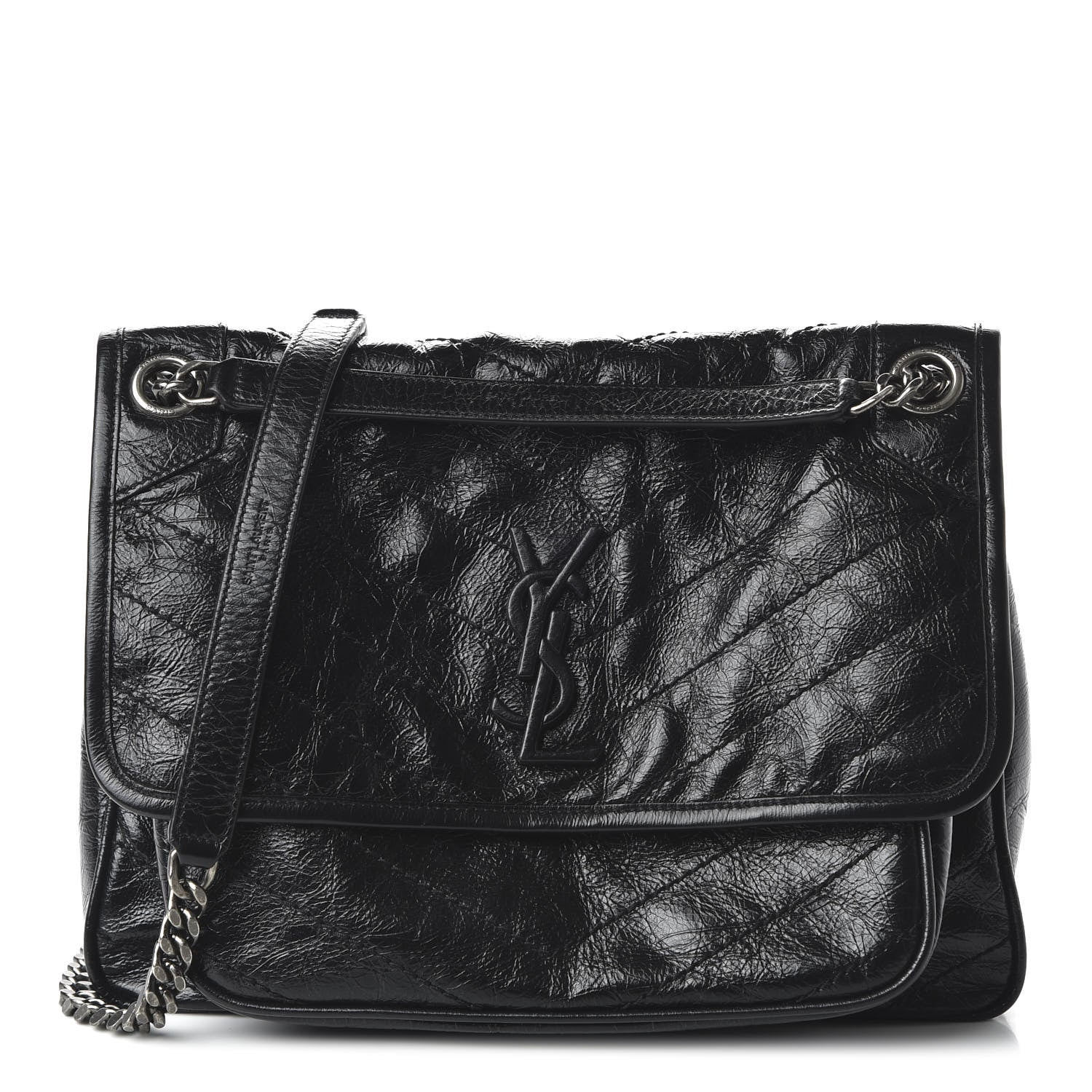 Saint Laurent Crinkled Calfskin Matelasse Monogram Medium Niki Chain Satchel Black 1 of 9