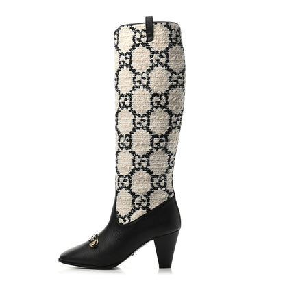 Gucci Tweed GG Monogram Wrinkled Kid Zumi Knee Boots 38.5 Natural Black 1 of 4