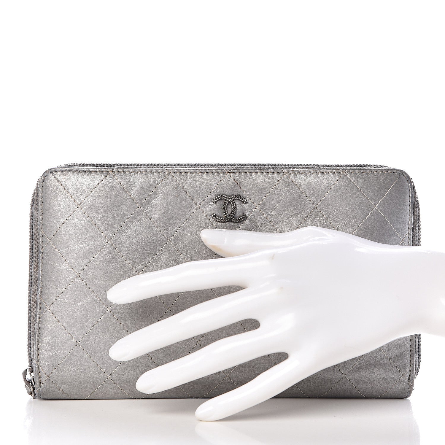 Chanel Metallic Aged Calfskin Quilted Palette Large Zip Around Organizer Wallet Silver 2 of 9