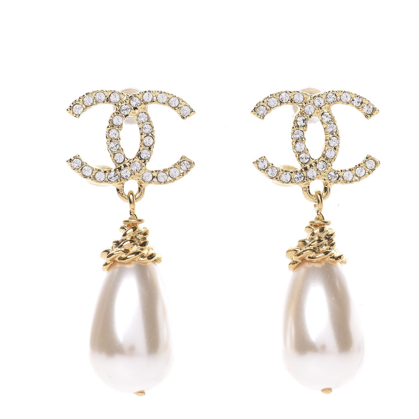 Crystal Pearl CC Drop Earrings Gold