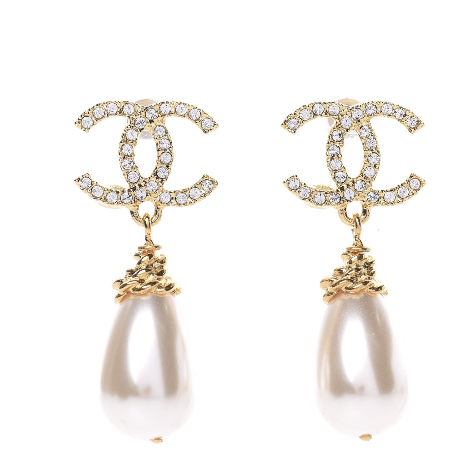 Chanel Crystal Pearl CC Drop Earrings Gold 1 of 5