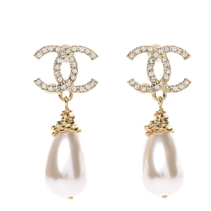 Chanel Crystal Pearl CC Drop Earrings Gold 1 of 5