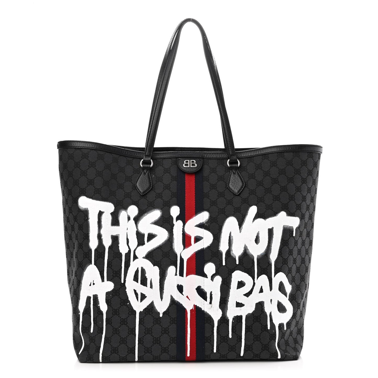 X BALENCIAGA BB Monogram Web Graffiti Large Ophidia Shopping Tote Black