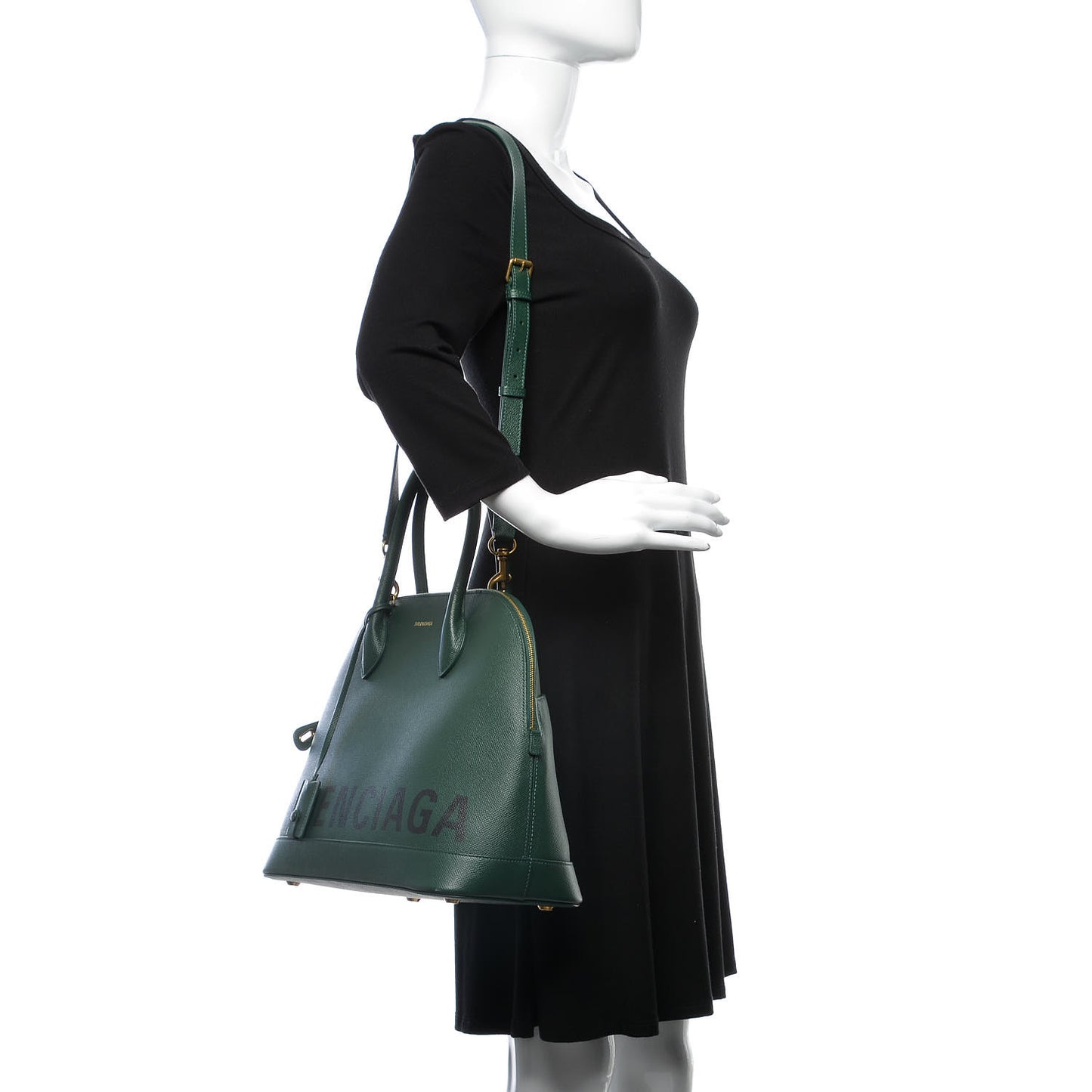 Signature Grained Calfskin Logo M Ville Top Handle Bag Vert Malachite