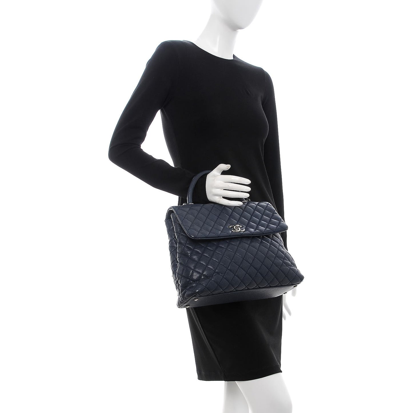 Caviar Quilted Large Coco Handle Flap Navy Blue