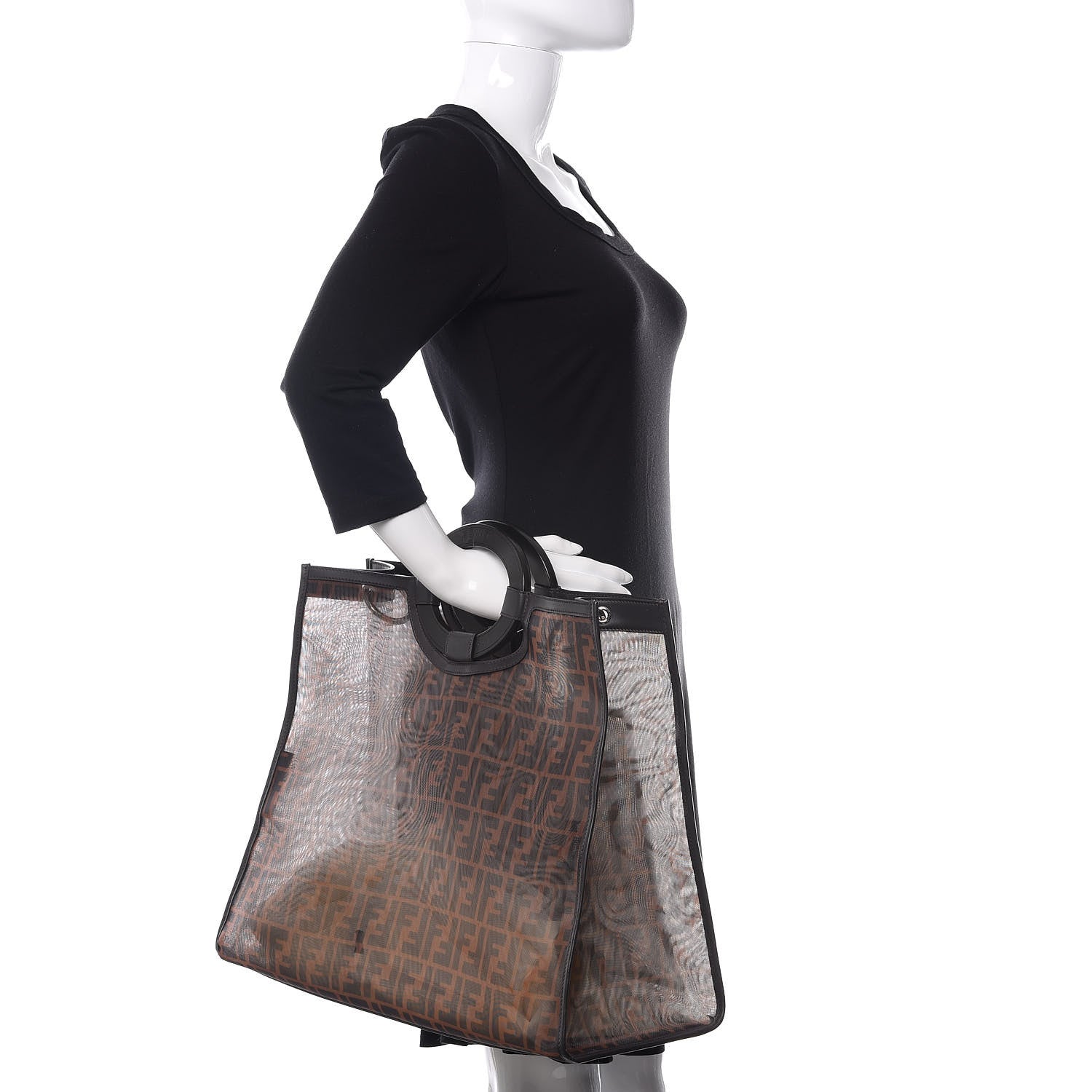 Fendi Mesh Vitello Century Cuoio FF 1974 Large Runaway Shopper Tote Marrone Black Ebano 2 of 10