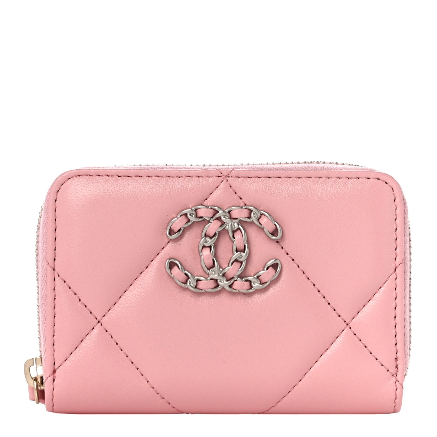 Lambskin Quilted Chanel 19 Zip Around Coin Purse Wallet Light Pink