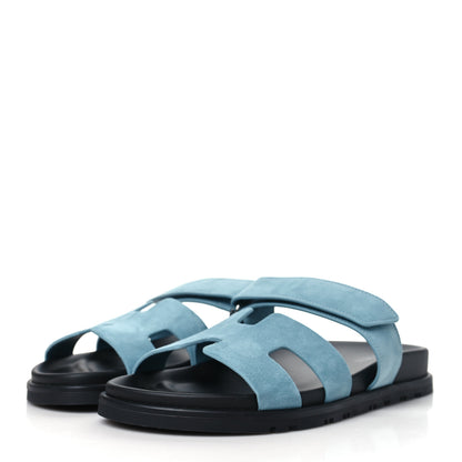 Hermes Suede Goatskin Womens Chypre Sandals 37.5 Bleu Mineral 3 of 9