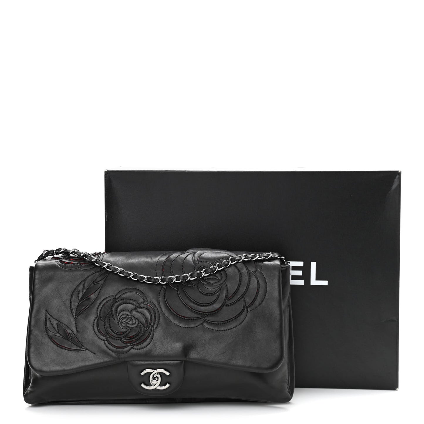 Lambskin Tweed Maxi Camellia Petals Flap Black