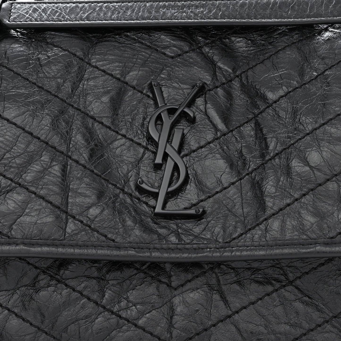 Crinkled Calfskin Matelasse Monogram Medium Niki Chain Satchel Black
