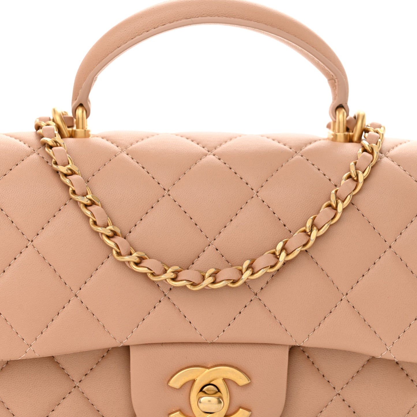Lambskin Quilted Mini Top Handle Rectangular Flap Beige