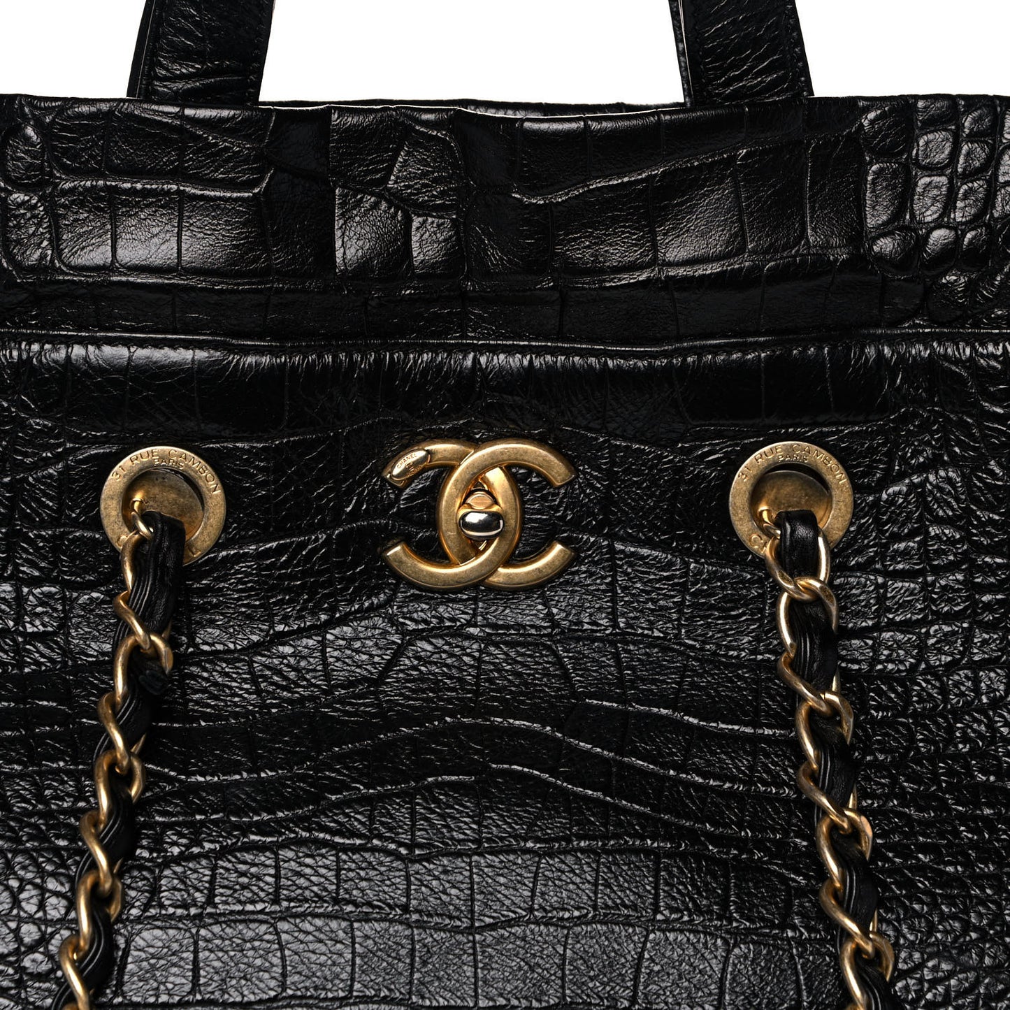 Calfskin Crocodile Embossed Large Cocodile Shopping Tote Black