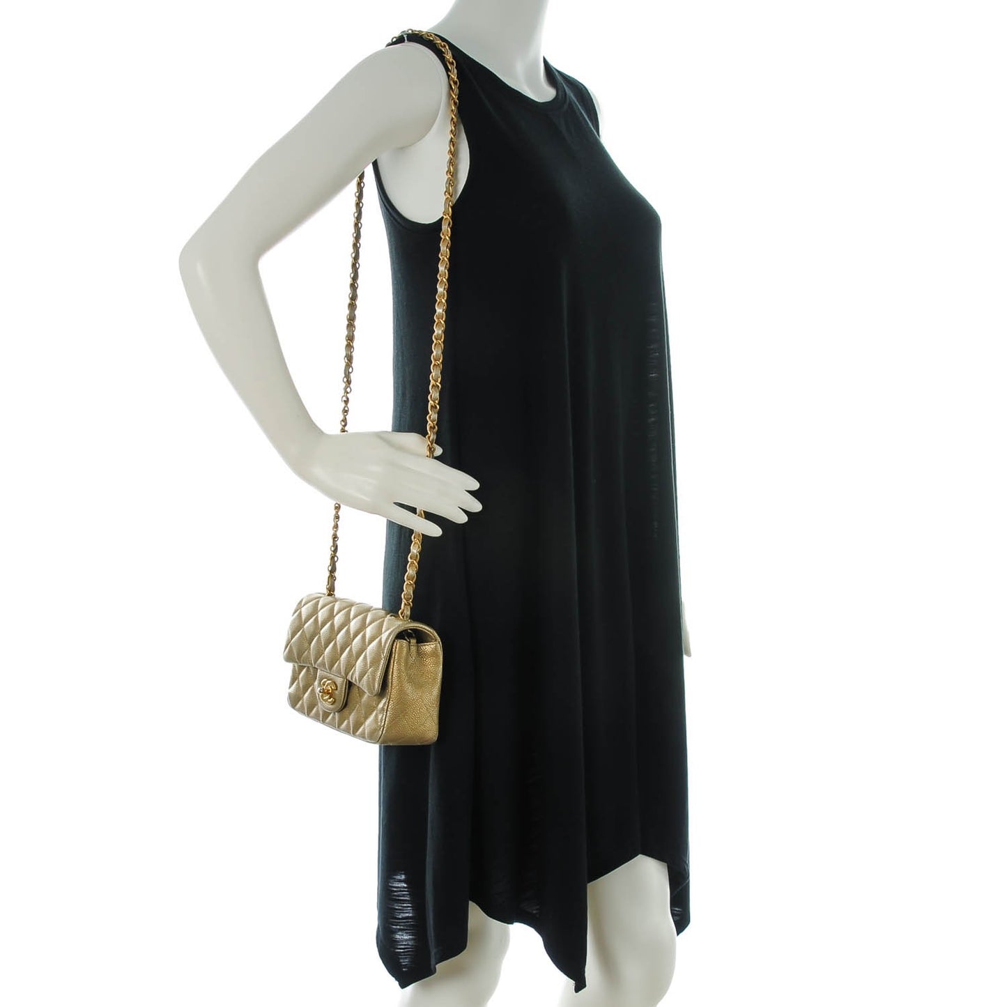 Pearly Caviar Quilted Mini Rectangular Flap Gold