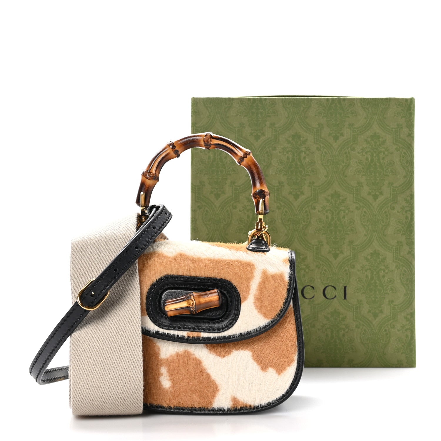 Gucci Calfskin Pony Hair Giraffe Print Mini Bamboo 1947 Top Handle  Bag  Beige Black Multicolor 12 of 12