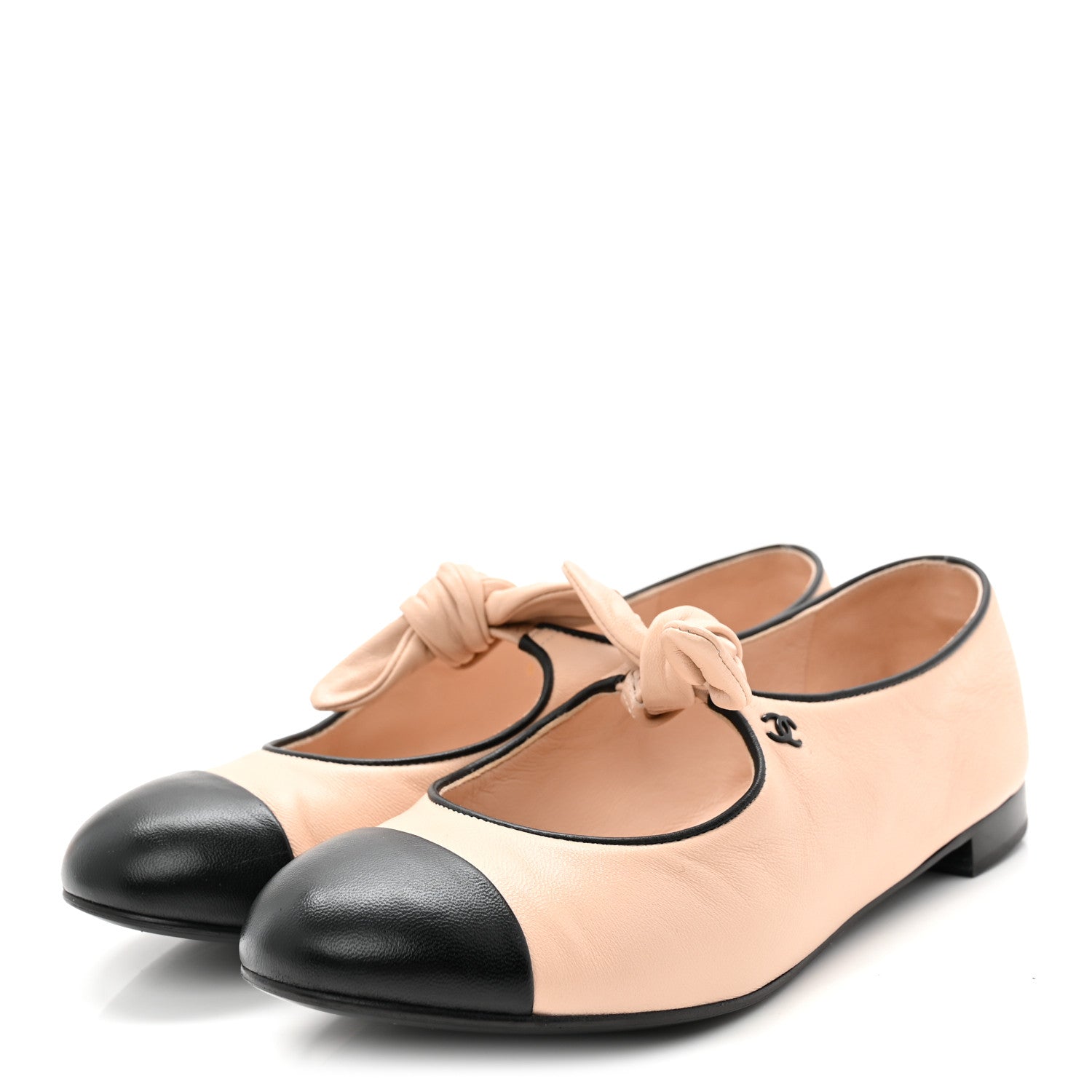 Chanel Lambskin Bow Mary Jane Flats 37 Beige Black 3 of 9