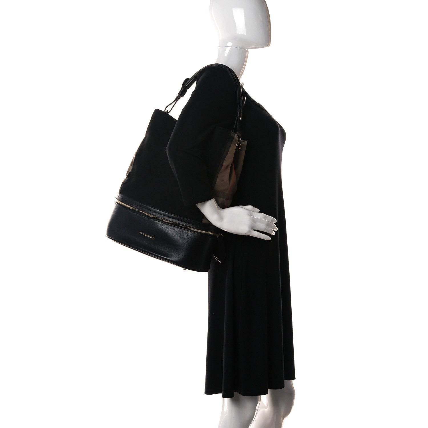 Burberry Nubuck Canvas Check Beckett Bucket Bag Black 2 of 10