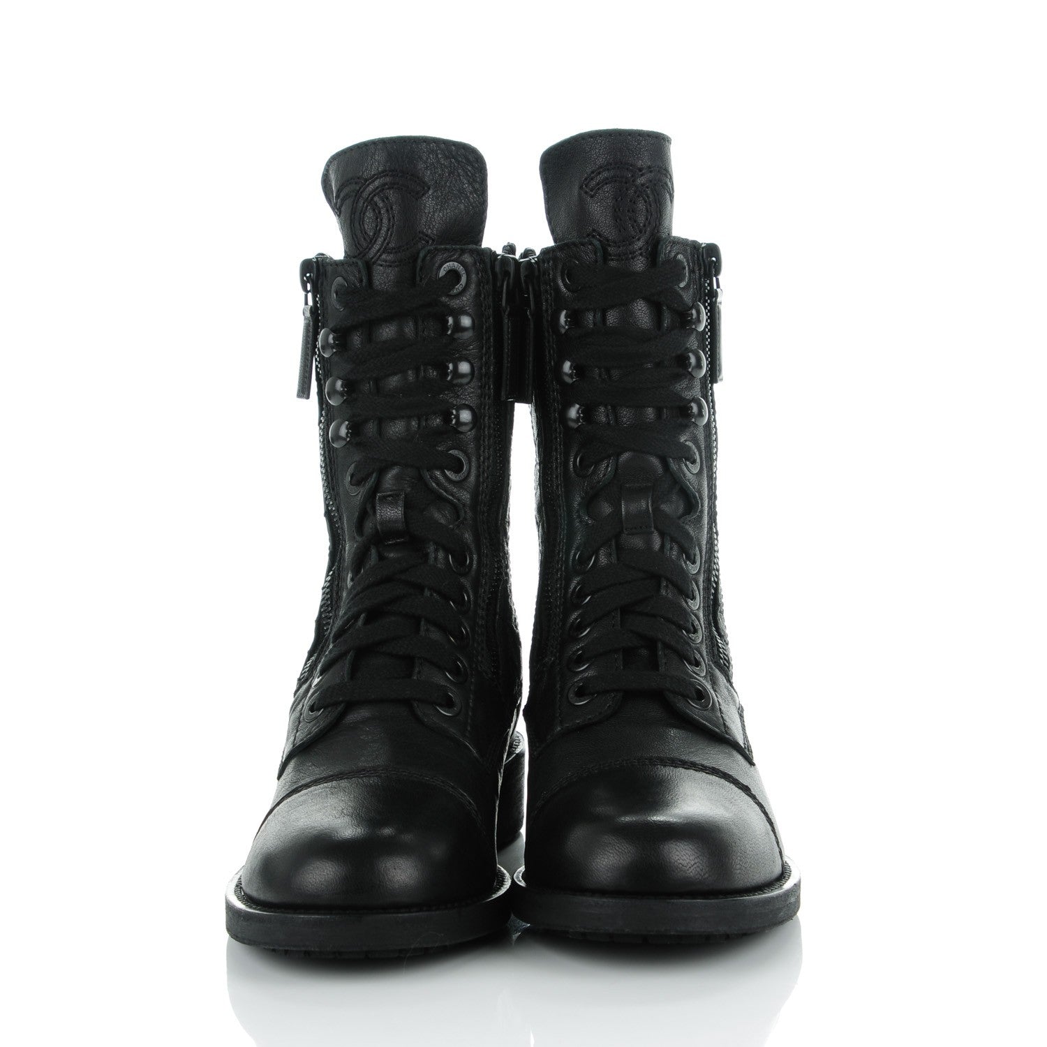 Chanel Sheepskin Quilted CC Tall Lace Up Combat Boots 35.5 Black 2 of 8