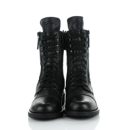 Chanel Sheepskin Quilted CC Tall Lace Up Combat Boots 35.5 Black 2 of 8