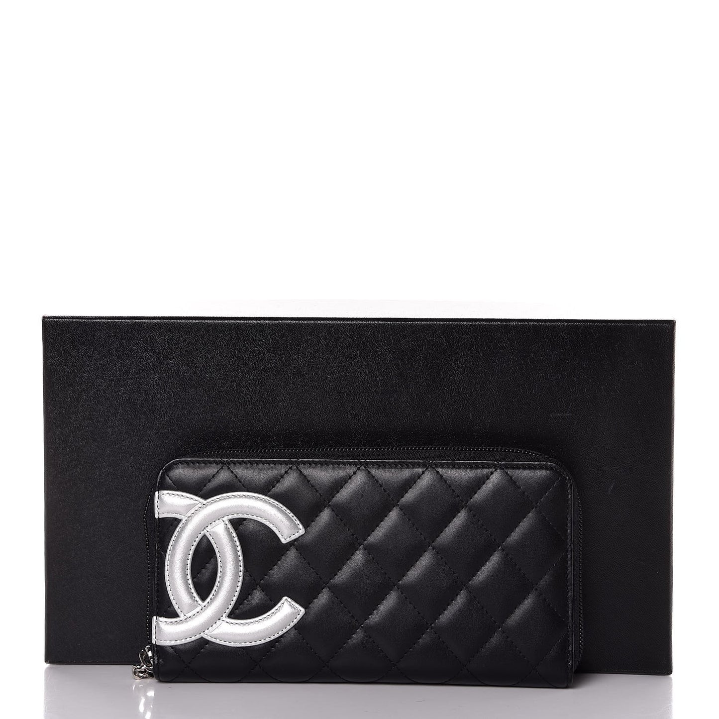 Calfskin Quilted Cambon Large Gusset Zip Around Wallet Black Silver