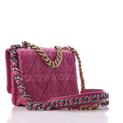 Chanel Wool Tweed Lambskin Quilted 19 Wallet On Chain WOC and Coin Purse Fuchsia 3 of 14