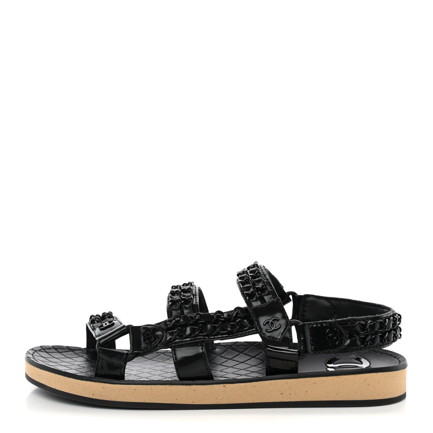 Chanel Laminated Goatskin Chain Sandals 38 Black 1 of 8