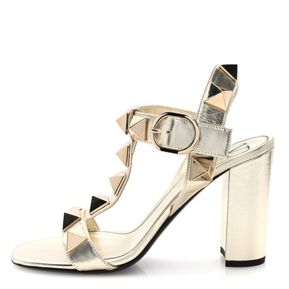 Valentino Garavani Metallic Calfskin Roman Stud T-Strap 90mm Sandals 37 Gold 1 of 7