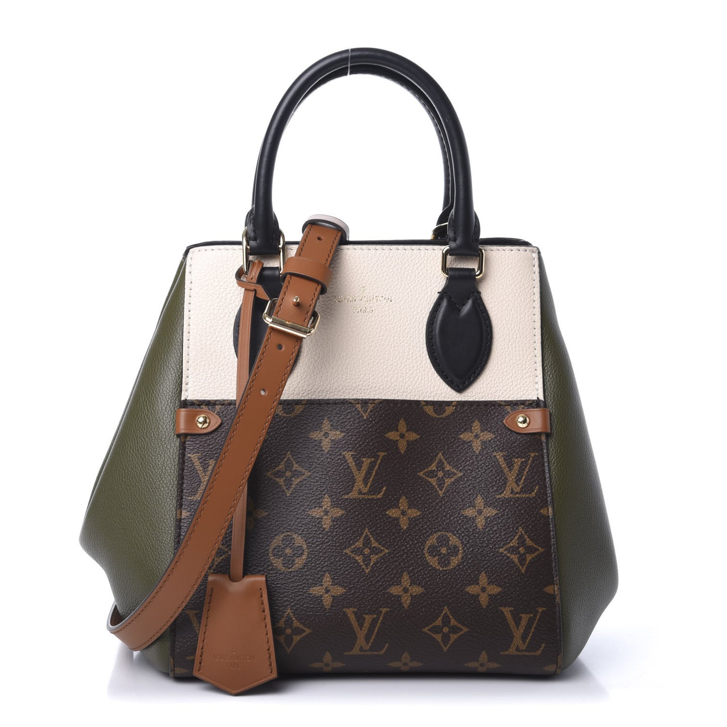 Calfskin Monogram Fold Tote MM Black Khaki Cream