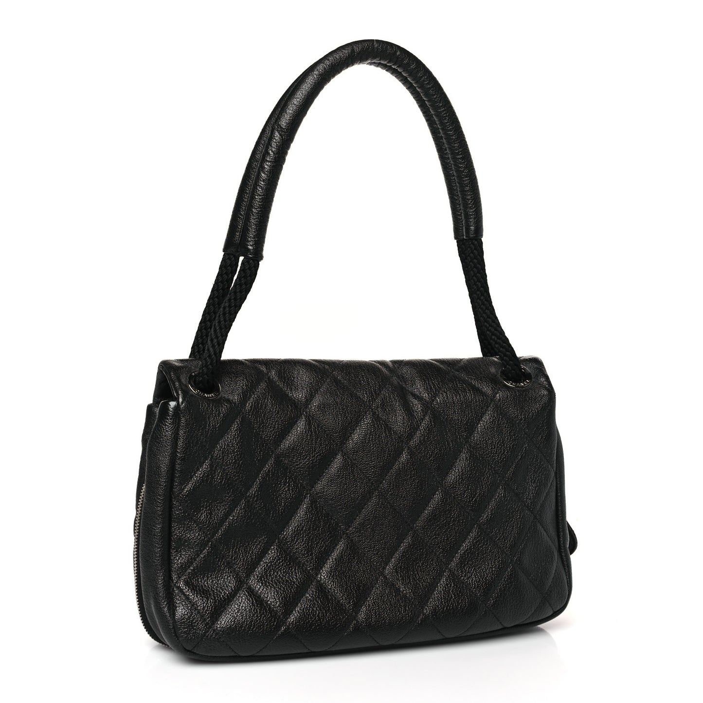 Calfskin Quilted Expandable Zip Flap Shoulder Bag Black