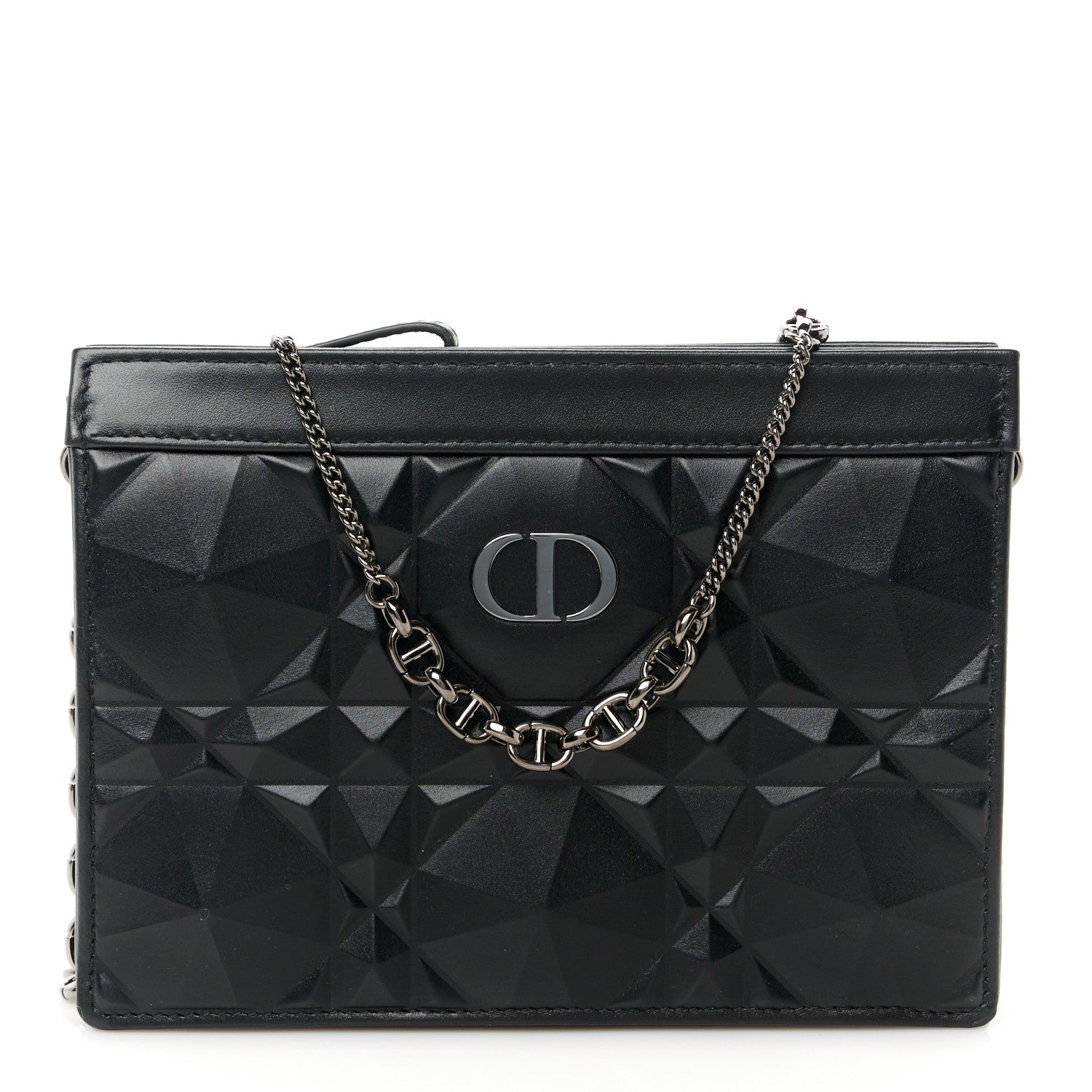 Christian Dior Calfskin Macrocannage Diamond Caro Zipped Pouch With Chain Black 1 of 10