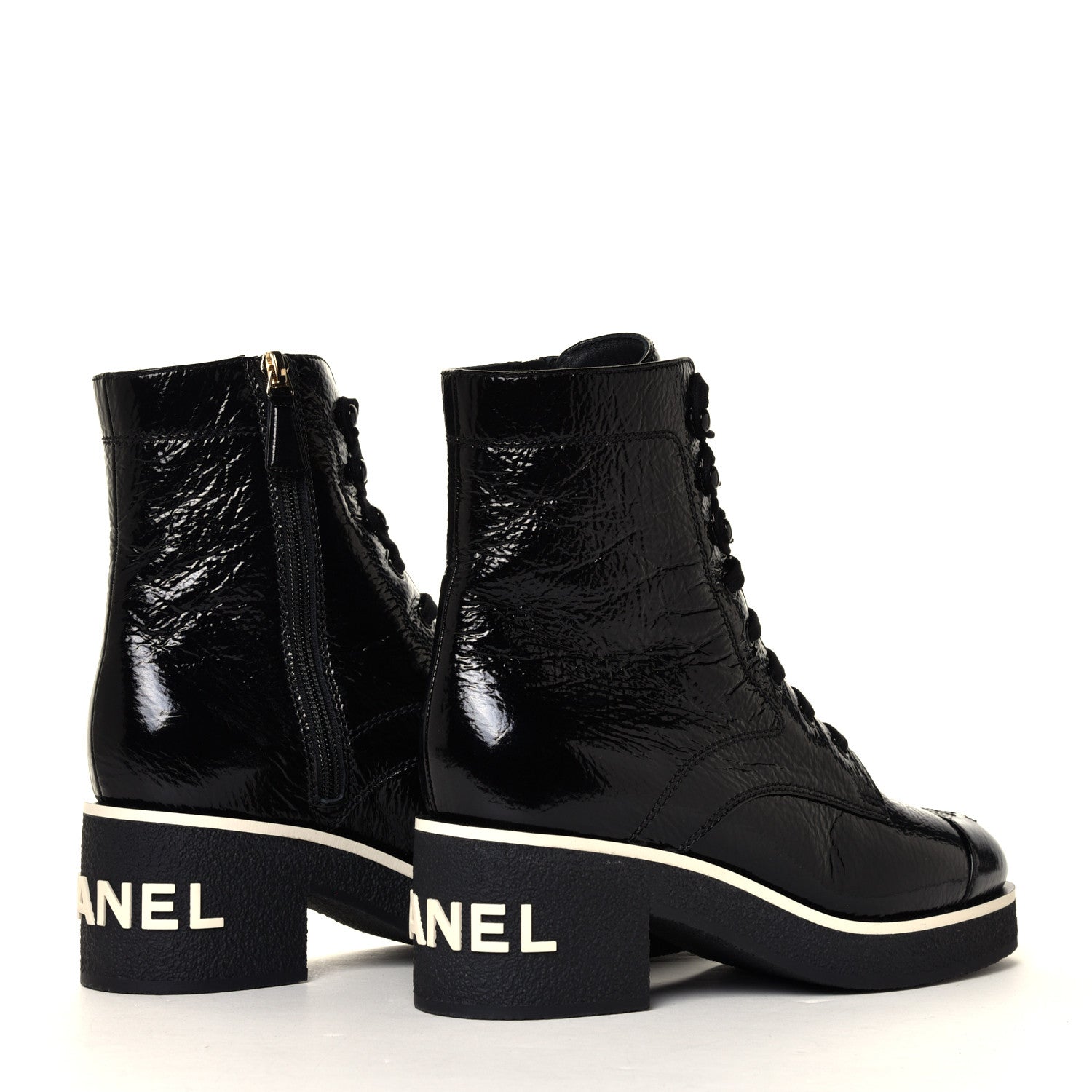 Chanel Shiny Crumpled Lambskin Lace Up Combat Boots 38.5 Black 8 of 12