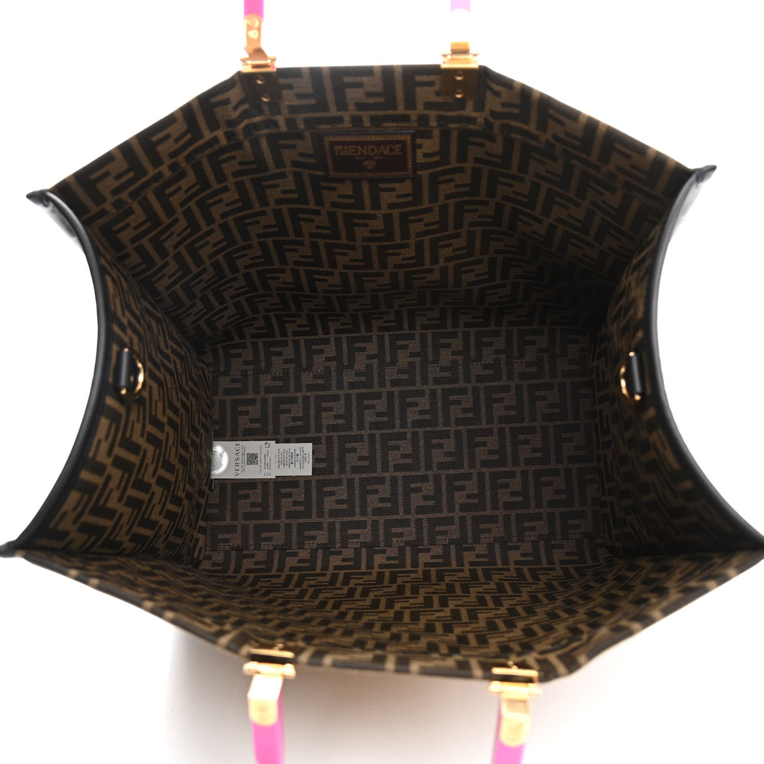 Fendi X VERSACE Fabric Jacquard Calfskin Plexiglass Fendace FF Medusa Studded Large Fendi Sunshine Shopper Tote Marrone Fuxia 5 of 10