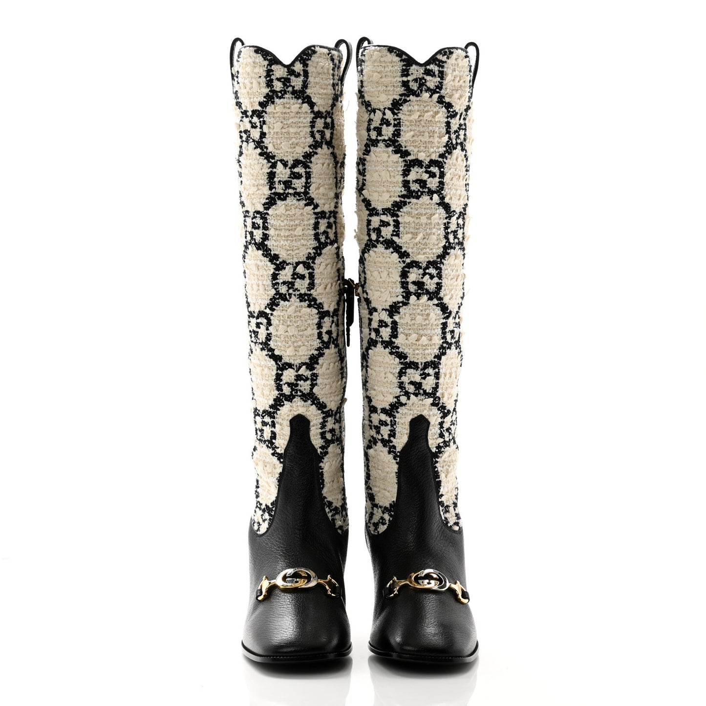 Tweed GG Monogram Wrinkled Kid Zumi Knee Boots 39 Natural Black