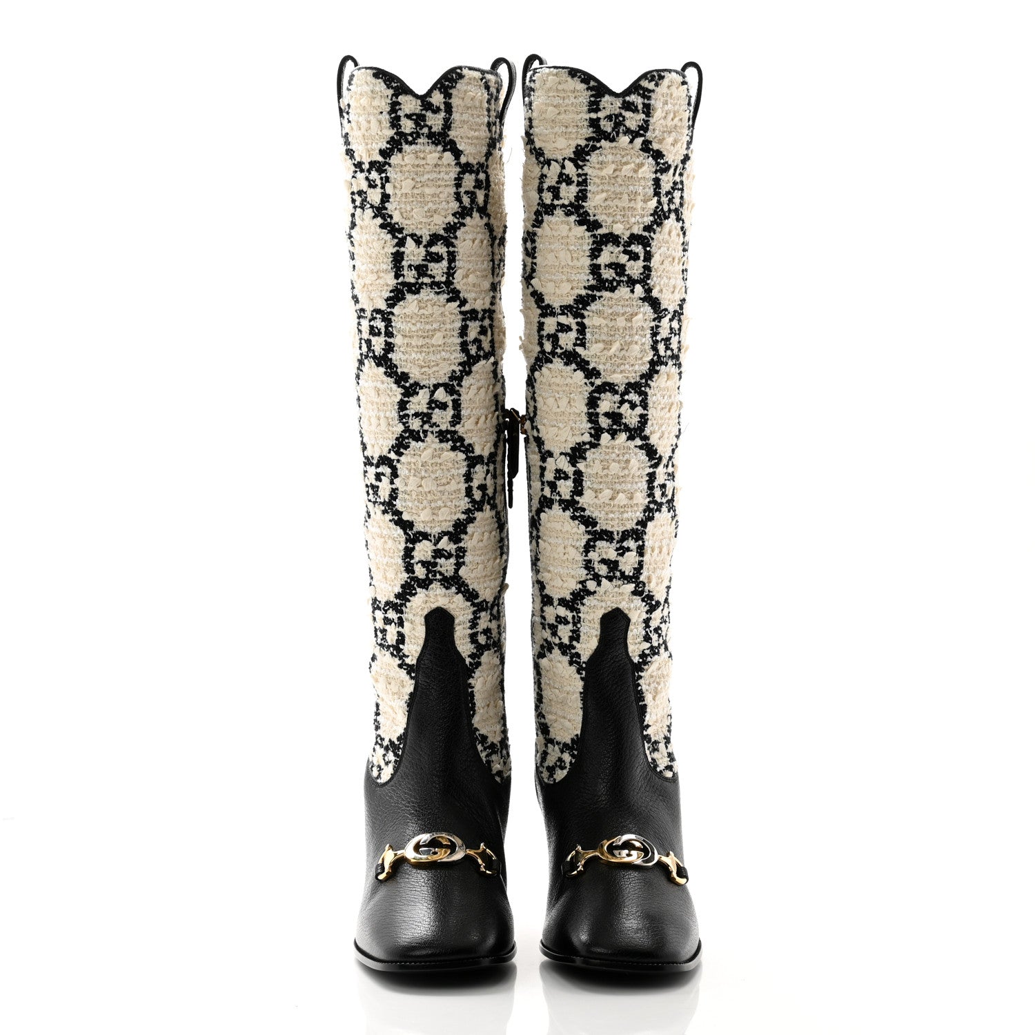 Gucci Tweed GG Monogram Wrinkled Kid Zumi Knee Boots 39 Natural Black 2 of 8